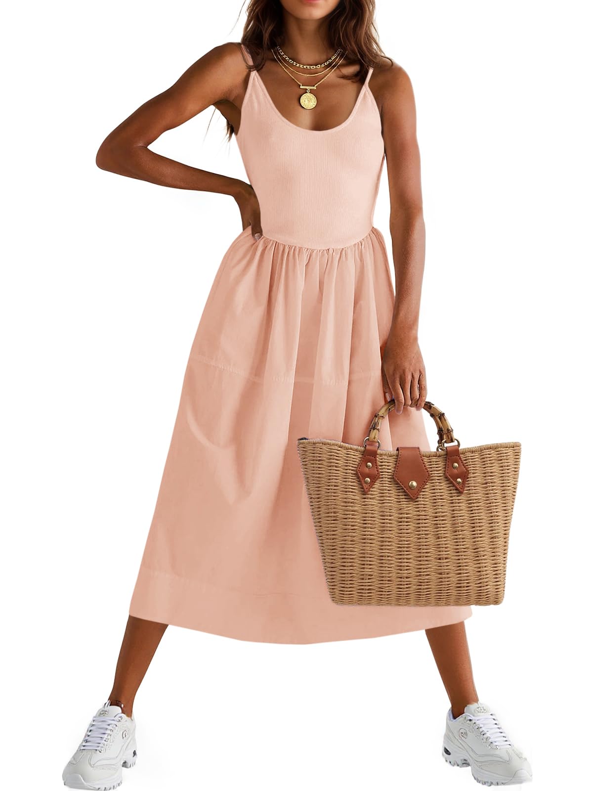 Fisoew Womens Spaghetti Strap Dress V Neck Backless Summer Casual A Line Cami Dress with Pocket Black