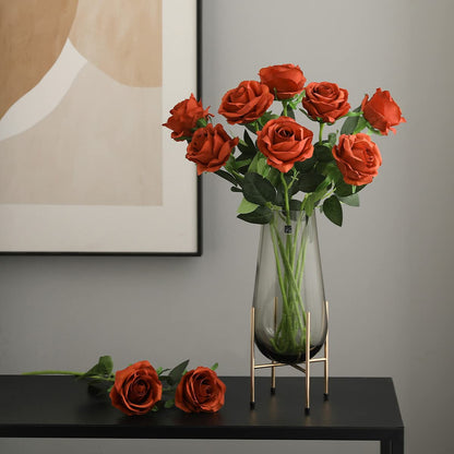 Veryhome 10 Pcs Artificial Roses Silk Flowers Fake Single Stem Rose Bud Bridal Bouqets For Wedding Home Birthday Party Arrangment Garden Decoration (Burnt Orange)
