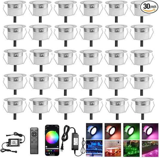 LED Deck Lights Kit, 30pcs Φ1.22 WiFi Wireless Smart Phone Control Low Voltage Recessed RGB Lamp In-ground Lighting Waterproof Outdoor Yard Path Stair Landscape Decor, Fit for Alexa,Google Home