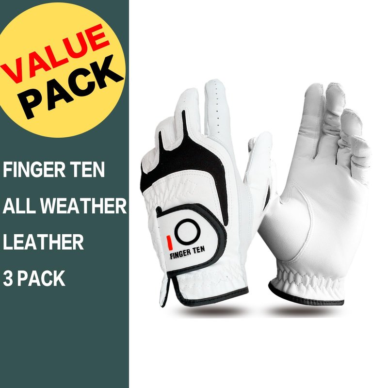 FINGER TEN Premium Golf Gloves Men Cabretta Leather Value 3 Pack for Right Left Handed Golfers, All Weather Grip Comfortable Glove Size S M ML L XL for Left Right Hand (White-3 Pack, Large, Left)