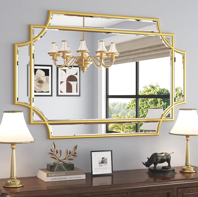 Bathroom Mirror for Wall Gold Farmhouse Wall Vanity Mirror for Over Sink Wood Framed Beveled Mirrors Deco（30 * 46IN/Gold）