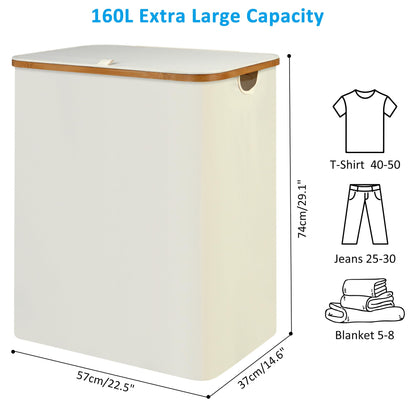 efluky Laundry Hamper with Lid, 160L Tall Laundry Basket with Bamboo Handles for Clothes and Toys, Collapsible Laundry Hamper with 2 Inner Bags for Bedroom and Bathroom, Beige