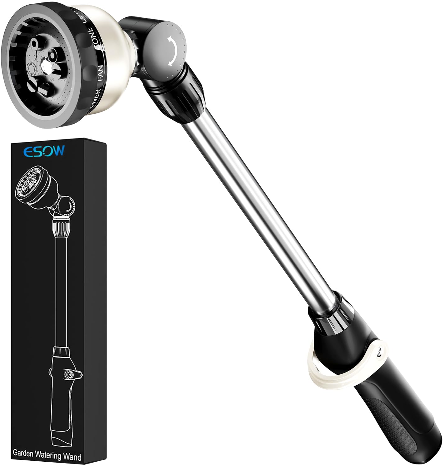 ESOW Garden Hose Watering Wand, 16 Inches Sprayer Wand, 9 Watering Patterns 180° Adjustable Swivel Head, Ergonomic Handle with One Touch Valve Perfect for Watering Plants, Car Wash and Showering Dog