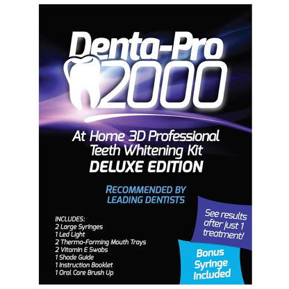 DentaPro 2000 3D Teeth Whitening Kit – Deluxe Addition Includes LED Light, (2) 5ml Gel Syringes, Custom Moldable Tray (2), Vitamin E Swab (2), Shade Guide – See Results After Just One Use!