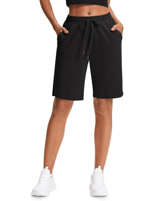 Stelle Women's Cotton Bermuda Shorts 10" Long Knee Length Comfy Sweat Shorts with Deep Pockets Lounge Casual Summer (Black, XL)