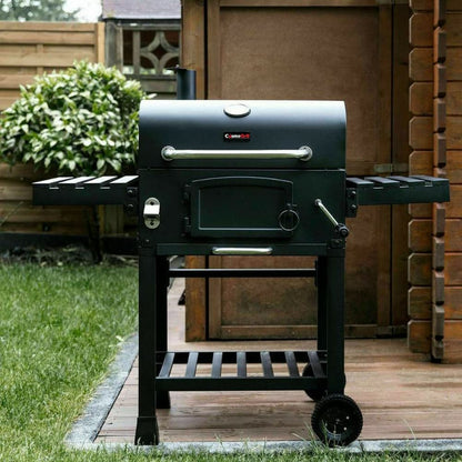 CosmoGrill Outdoor XL Smoker Barbecue Charcoal Portable BBQ Grill, 2 Folding Side Table, Built-in Thermometer, Adjustable Charcoal Pan & Chimney, Wheels, Large Coal BBQ Smoker for Home Garden Cooking