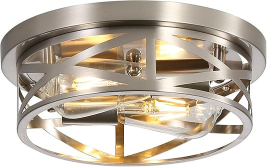 Close to Ceiling Light Fixtures, 2-Light Brushed Nickle Flush Mount Ceiling Light, 11 Inch Metal Cage Cross Modern Indoor House Ceiling Lights for Kitchen Bedroom Living Room Foyer Hallway Office