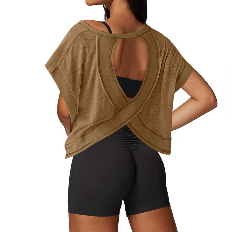 UNIANKIYA Open Back Workout Tops for Women Loose Fit Athletic Crop Tee Short Sleeve Gym Running Yoga Shirt Brown