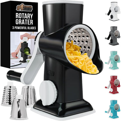 GORILLA GRIP Slip-Resistant Rotary Cheese Grater with 3 Interchangeable Blades to Shred Slice and Grate, Hand Crank Vegetable Chopper Mandolin, Slicer for Veggie Onion, Home and Kitchen Gadgets, White