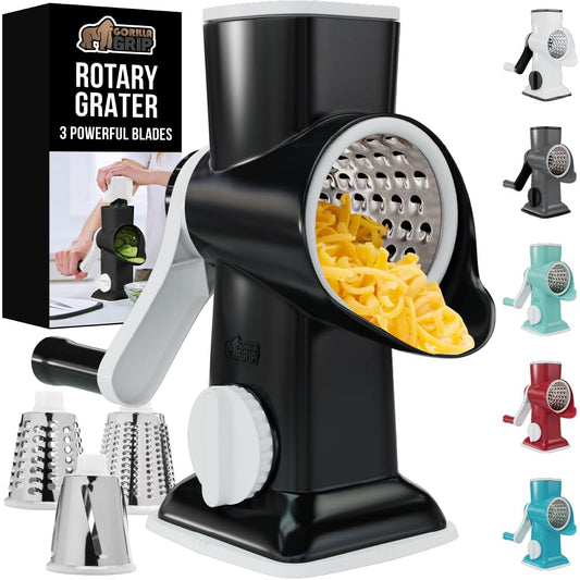 GORILLA GRIP Slip-Resistant Rotary Cheese Grater with 3 Interchangeable Blades to Shred Slice and Grate, Hand Crank Vegetable Chopper Mandolin, Slicer for Veggie Onion, Home and Kitchen Gadgets, White