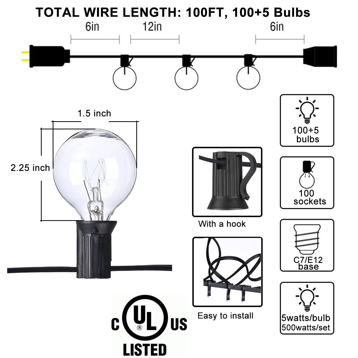 Abeja Outdoor String Light 100 Ft G40 Patio Lights with 105 Edison Glass Bulbs E12 Socket Base (5 Spare) Globe Clear Hanging Lights for Backyard Balcony Deck Party Decor, Not Connectable, Black