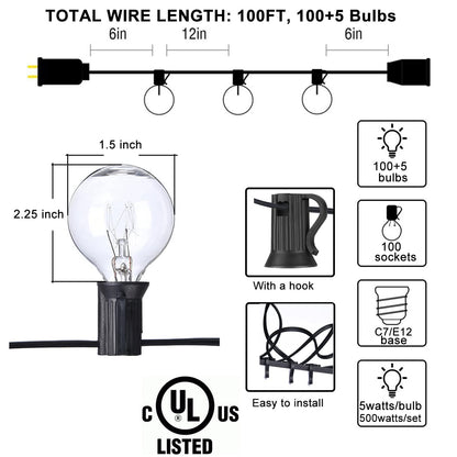 Abeja Outdoor String Light 100 Ft G40 Patio Lights with 105 Edison Glass Bulbs E12 Socket Base (5 Spare) Globe Clear Hanging Lights for Backyard Balcony Deck Party Decor, Not Connectable, Black
