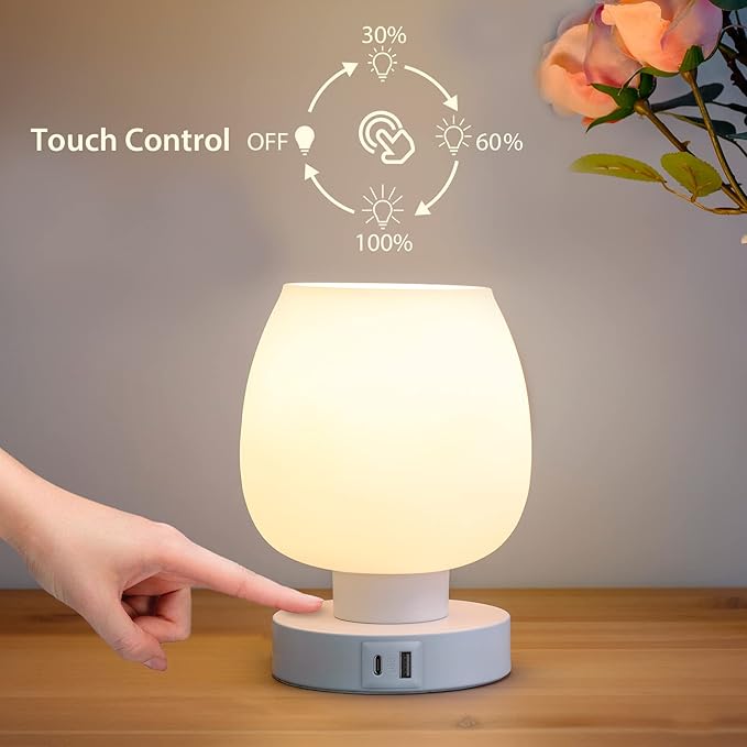 Touch Bedside Table Lamp Set of 2 - Modern Nightstand with USB-C&A Charging, 3-Way Dimmable LED Desk Lamp, White Opal Glass Shade