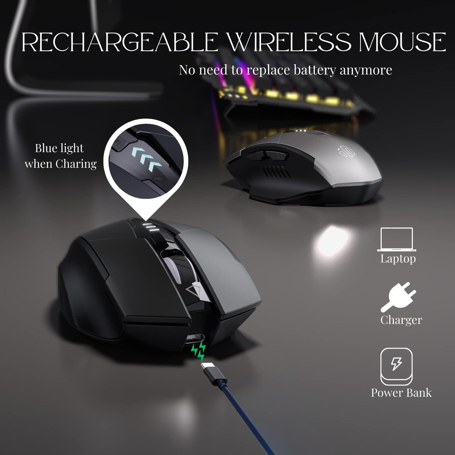 Wireless Mouse,Rechargeable Mouse 2.4G USB(Battery Level Visible) Ergonomic Computer Mouse,3 Levels DPI,Silent Wireless Mice for Laptop PC Computer(Black)