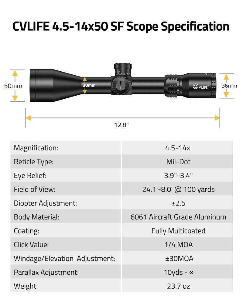 CVLIFE EagleFeather F02 4.5-14x50 Rifle Scope with Side Focus Parallax Adjustment, Illuminated Mil-Dot Reticle, 30mm Tube Long Range Rifle Scope for Hunting, SFP Riflescope with 20mm Scope Rings