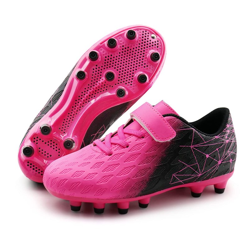 brooman Kids Firm Ground Soccer Cleats Boys Girls Athletic Outdoor Football Shoes(3.5,Fuchsia Black)