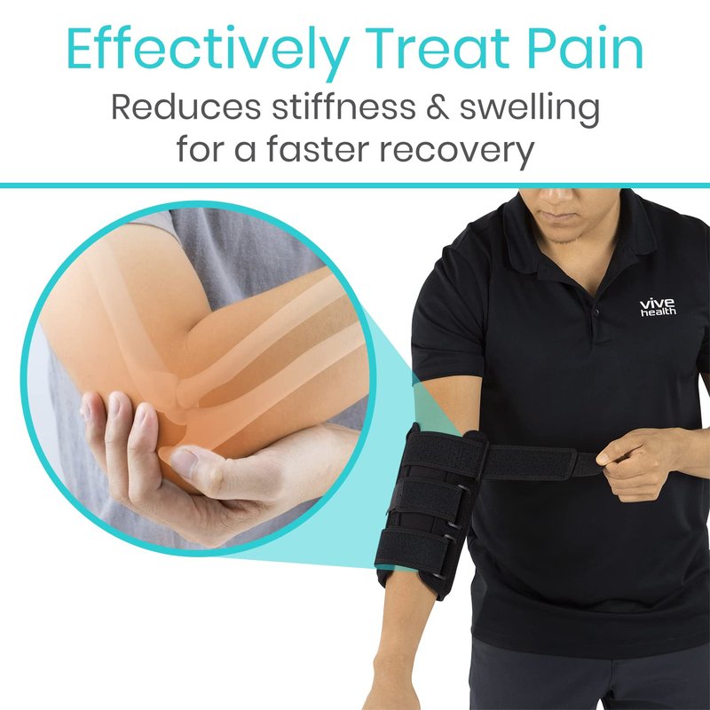 Vive Elbow Splint Brace for Tendonitis, Cubital Tunnel, Sleep Support, Tennis Elbow - 2 Removeable Splints That Stabilize Joint for Pain Relief - Arm Compression Sleeve Immobilizer for Men and Women