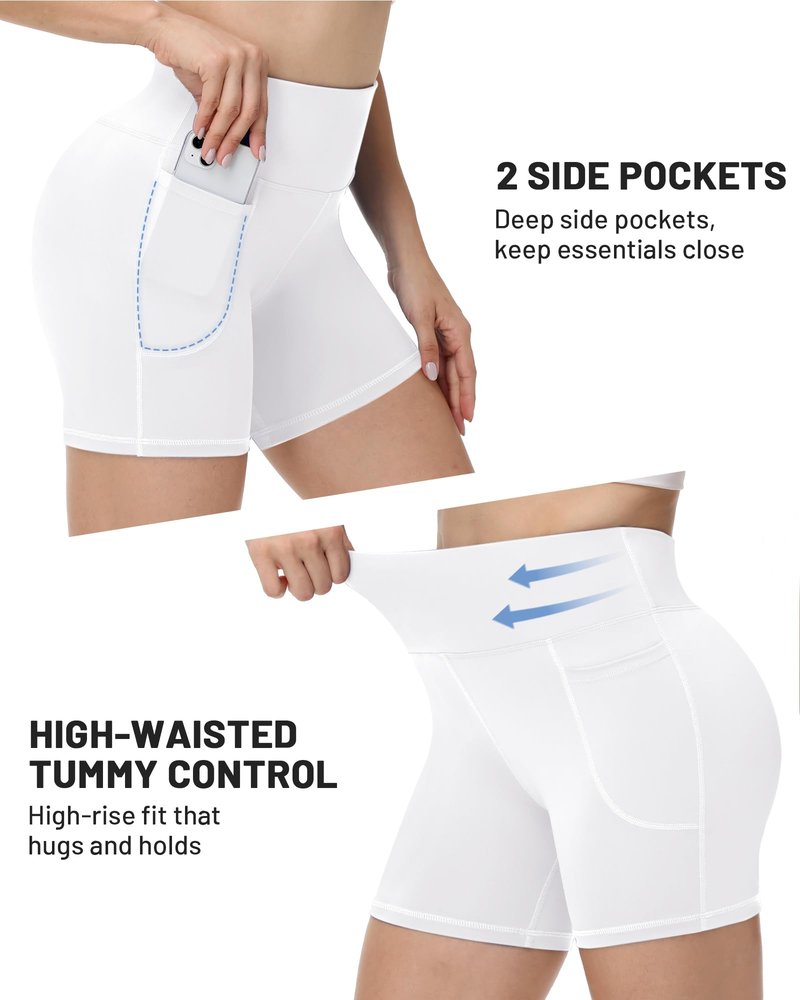 Runhit Yoga Shorts with Pockets for Women - 5'' White High Waisted Biker Workout Gym Athletic Compression Spandex Tummy Control Shorts