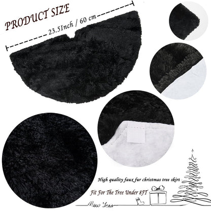 Faux Fur Christmas Tree Skirt,Large Luxury Tree Skirt with Snowflake Sequin, Christmas Decorations Holiday Thick Plush Tree Xmas Ornaments (Black, 24 Inch)