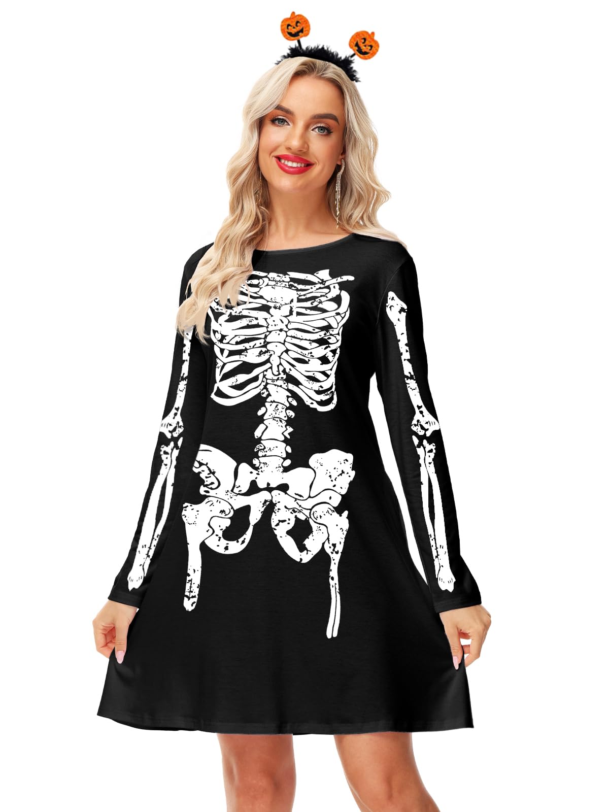 Skeleton Dresses for Women Flare Holiday A-Line Long Sleeve Halloween Costume Dress XL
