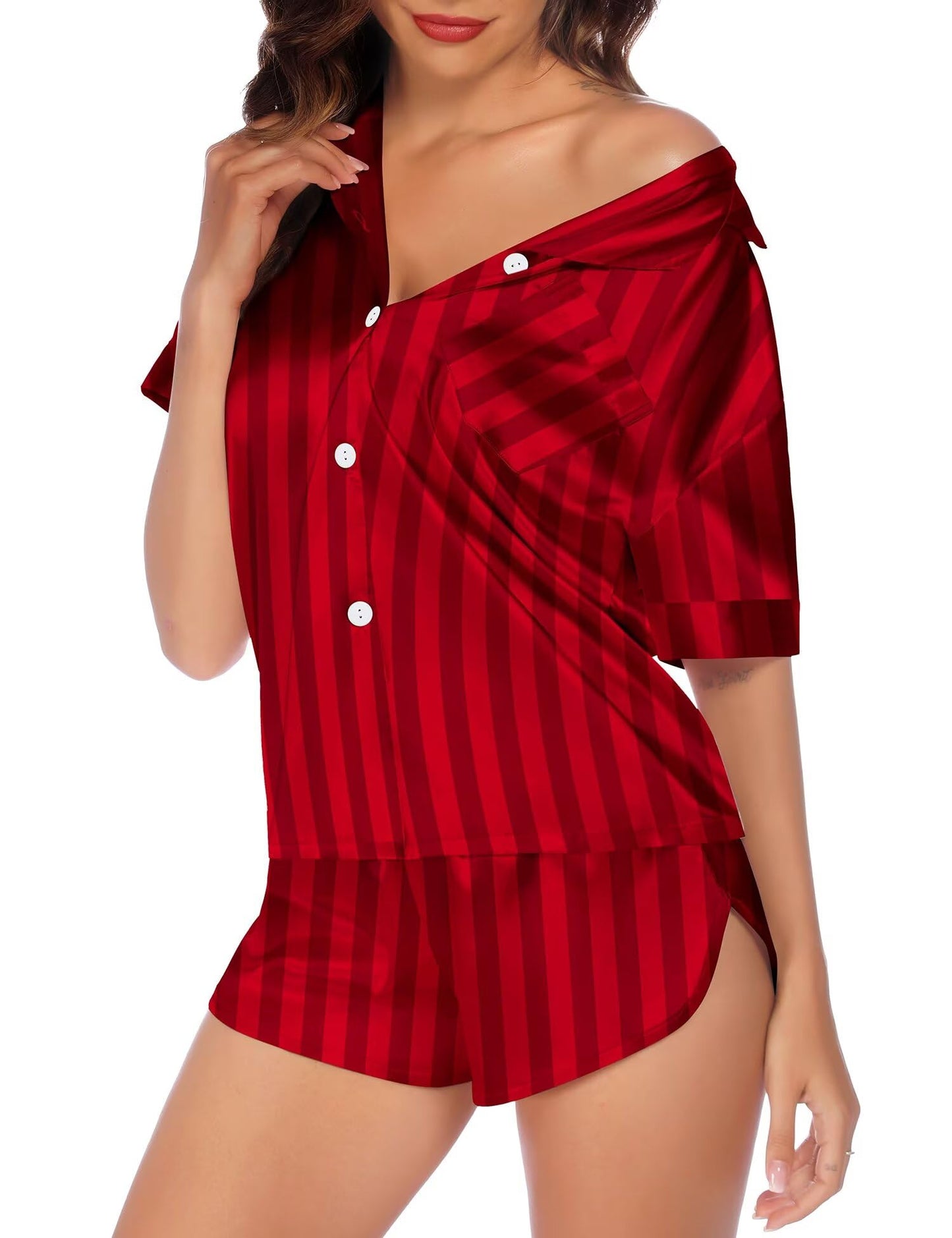 SWOMOG Couple Satin Matching Pajamas Sets Women & Men Short Sleeve Sleepwear Silk Button Down Nightwear 2 Pieces Loungewear