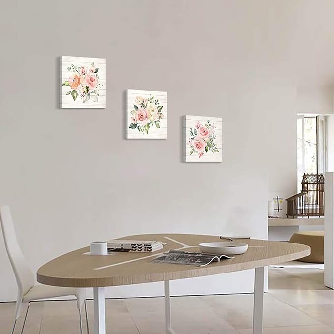 Pink Floral Canvas Wall Art: Roses Flowers Bouquet Pictures Artwork for Kitchen Bathrooms (12"x12"x3pcs)