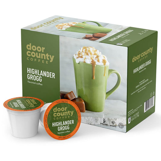 Door County Coffee Highlander Grogg Flavored Ground | 10 Count Single Serve Cups | Medium Roast | 100% Specialty Arabica | Flavored Gourmet | Caramel & Irish Cream