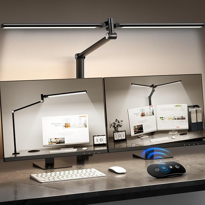 LED Desk Lamp for Home Office, Eye Caring Architect Desk Light with Remote, Dual Screen Computer Monitor Light with Stepless Dimming, Stepless Color Temp, Memory Function for Study, Dark Black