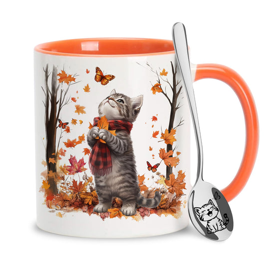 Hyturtle Fall Cat Maple Leaves Coffee Mug with Spoon, Birthday Gifts For Cat Lovers, Fall Autumn Decor Gifts For Farmhouse Thanksgiving, Cute Autumn Mug, 11oz Two Tone White Ceramic Coffee Tea Cup