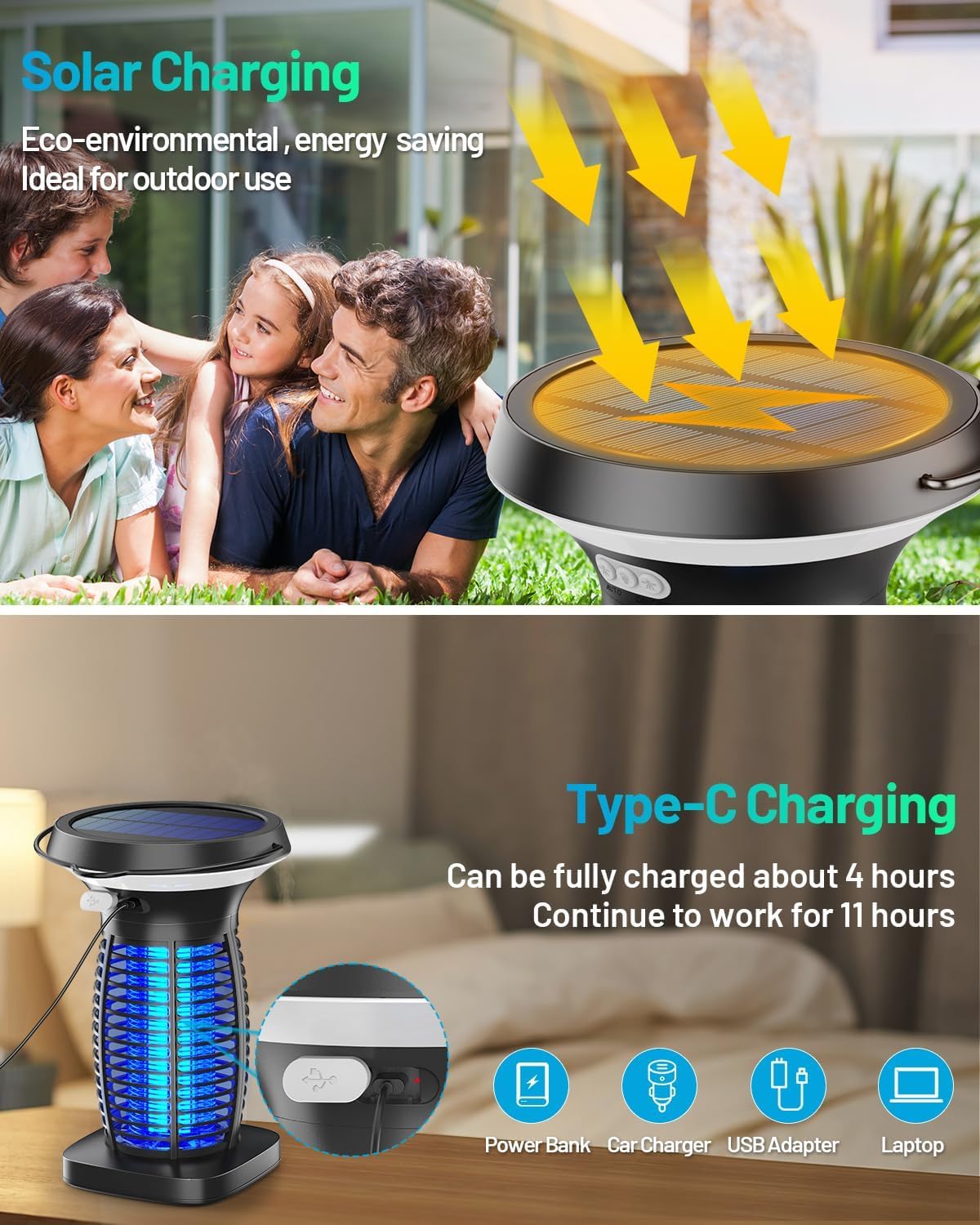 Solar Bug Zapper Outdoor, Mosquito Zapper Solar Powered, Electric Fly Zapper with Camping Lantern, Waterproof Insect Zapper, Cordless Mosquito Killer Lamp for Indoor Outdoor
