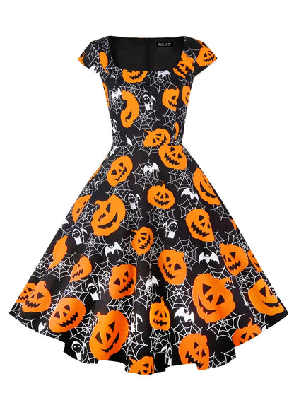 PUKAVT Women's Cocktail Party Dress Cap Sleeve 1950 Retro Swing Dress with Pockets Pumpkin 2XL