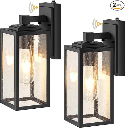 VIANIS 2 Pack Dusk to Dawn Sensor Outdoor Wall Lighting, Black Exterior Light Fixture Wall Mount for House, Anti-Rust Modern Outside Sconce Lantern with Tempered Seeded Glass for Front Porch, Garage