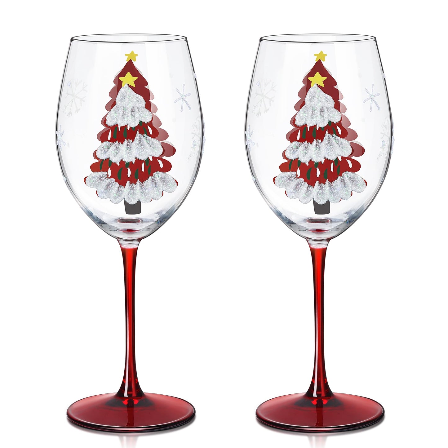 Joeyan Christmas Crystal Red and White Wine Glasses,Hand Painted Glass Goblet Drinking Glasses,Red Xmas Tree and Snowflakes Patterned Glass Tumbler Cups with Stem,Gift for Men Women,19.5 oz,Set of 2