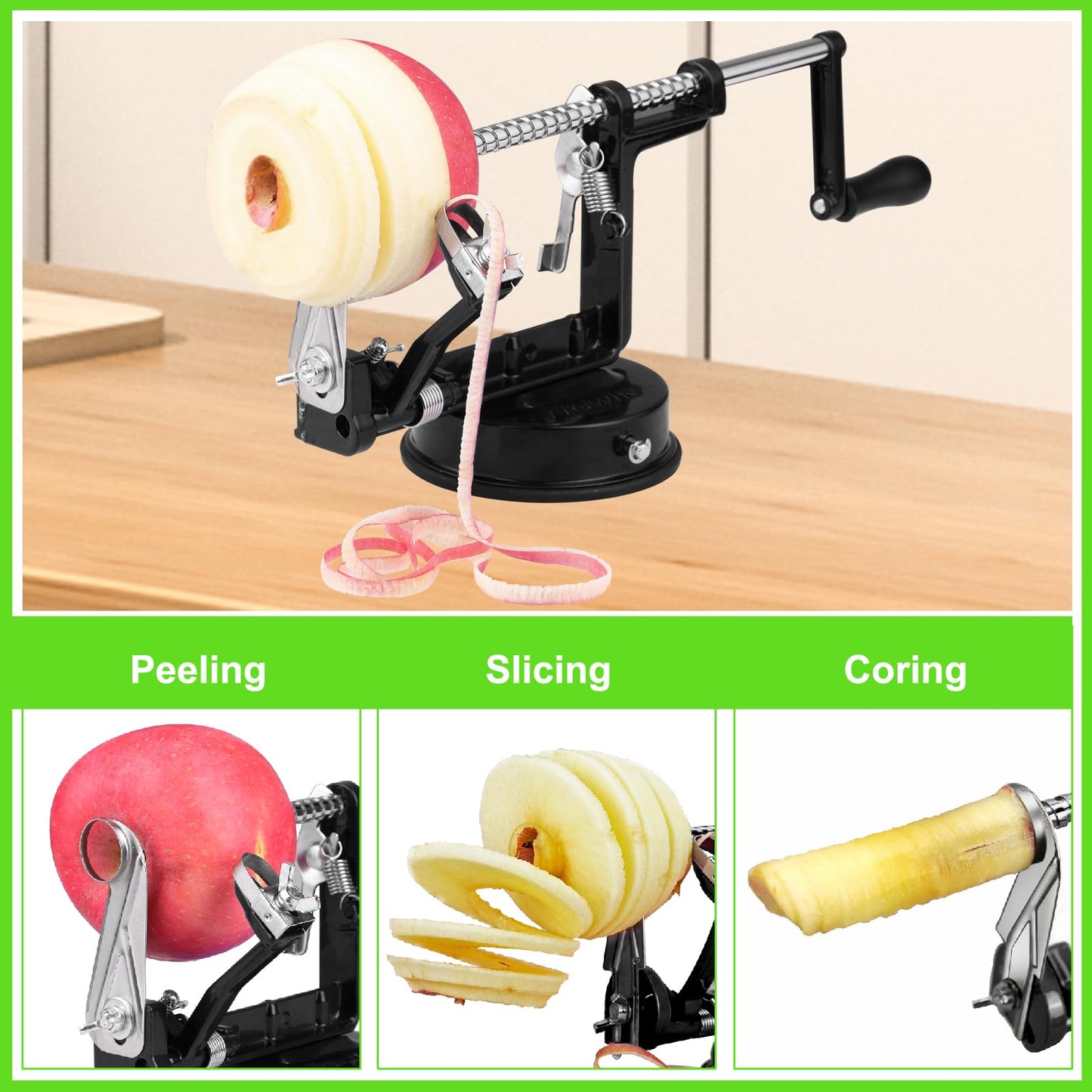 Apple Peeler Corer, Long lasting Chrome Cast Magnesium Alloy Apple Peeler Slicer Corer with Stainless Steel Blades and Powerful Suction Base for Apples and Potato(Black)