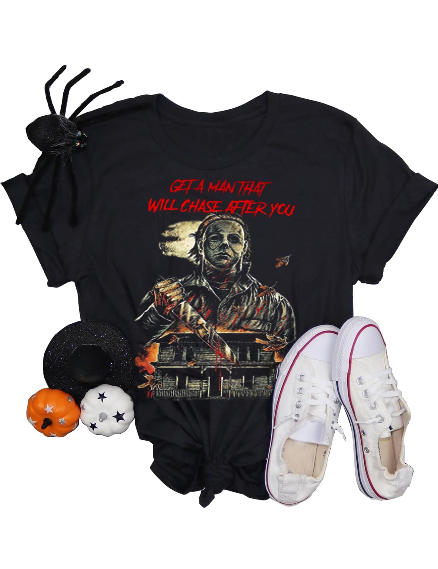 Get A Man That Will Chase After You Halloween Bleached Shirt Women Horror Scary Graphic Tees Top(BK2,M)