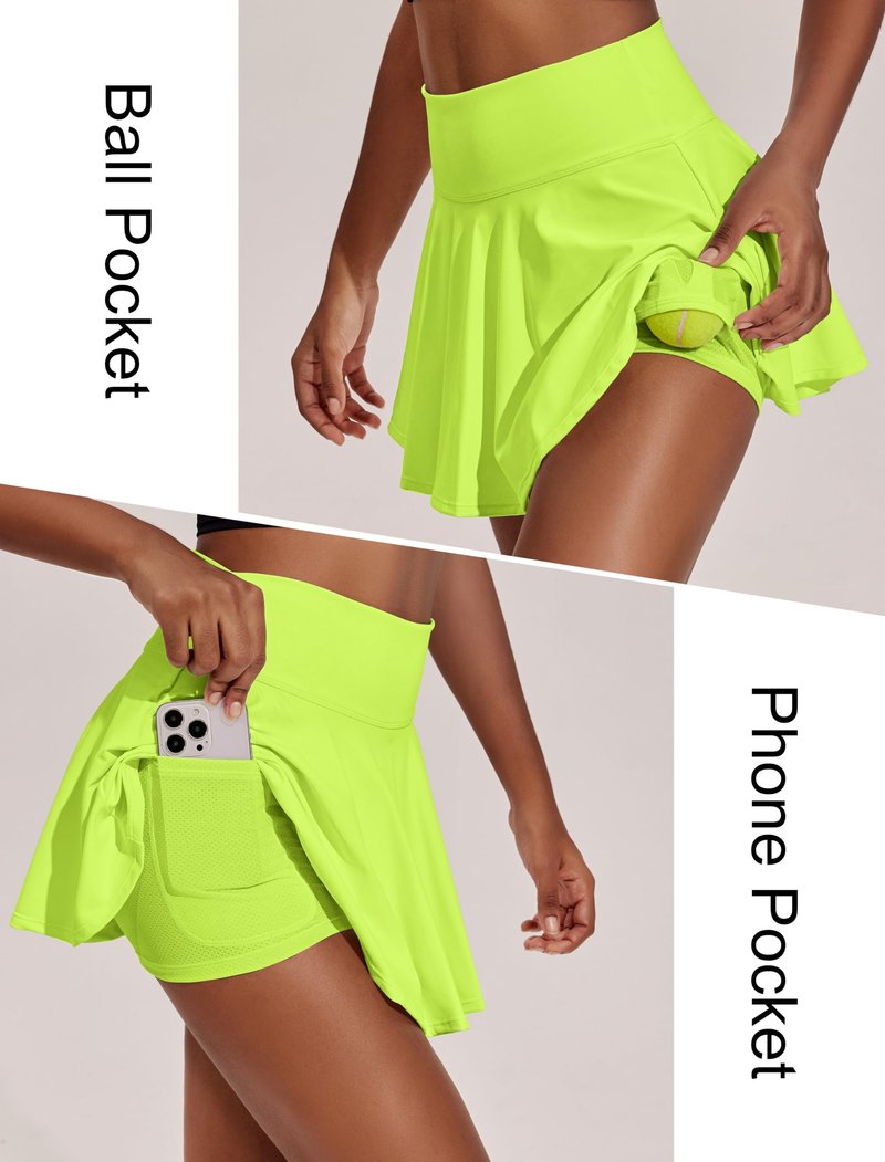 PINSPARK Tennis Golf Skirt for Women Built in Shorts High Waist Active Wear Skorts Flowy Athletic Skirt Neon Green S