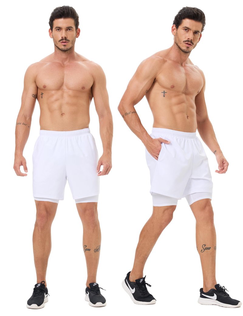 Naarts Men's 2 in 1 Athletic Running Shorts Quick Dry 5 Inch Lightweight Workout Gym Shorts with Liner and Pockets White,Large