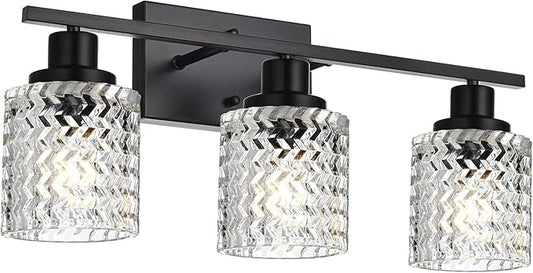 MELUCEE 3 Lights Modern Bathroom Light Fixtures Black Vanity Lights Indoor Wall Mounted Light with Hammered Glass Shade Suitable for Bathroom Living Room Hallway