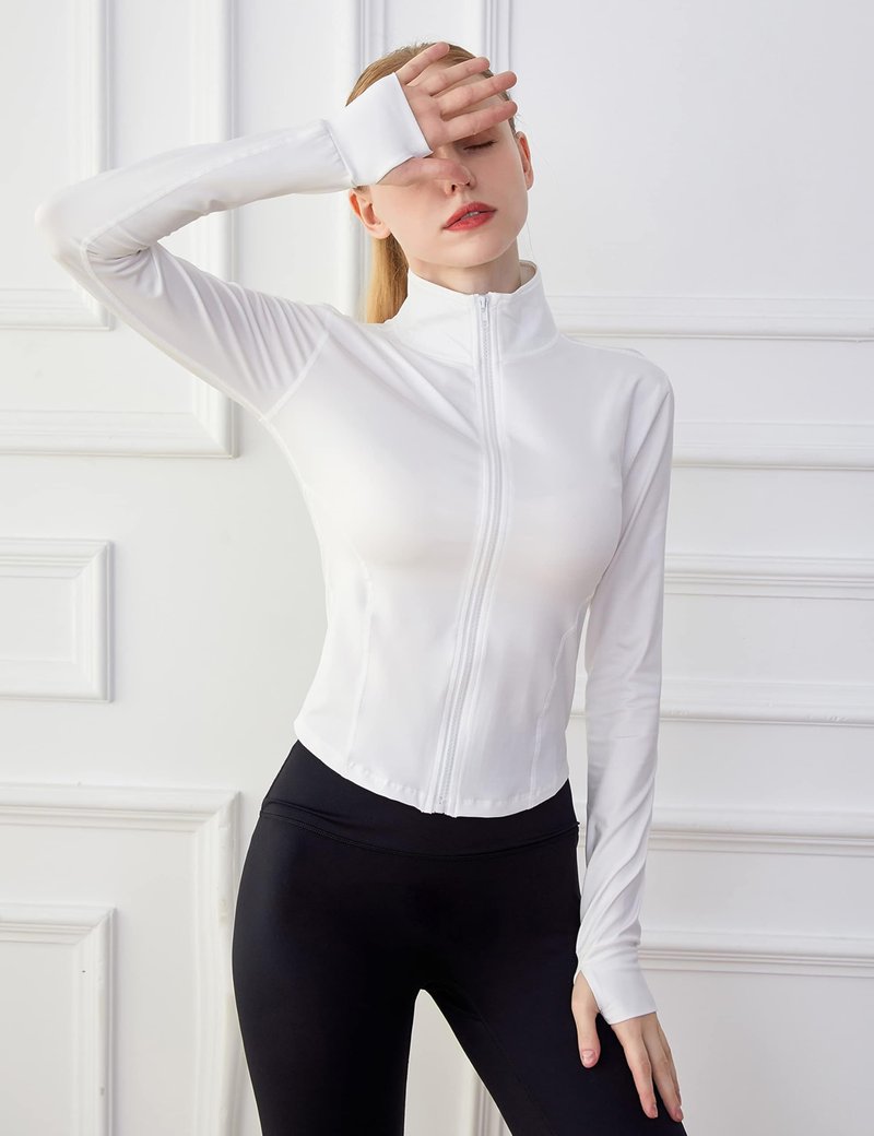 Lviefent Womens Lightweight Full Zip Running Track Jacket Workout Slim Fit Yoga Sportwear with Thumb Holes (White, Large)