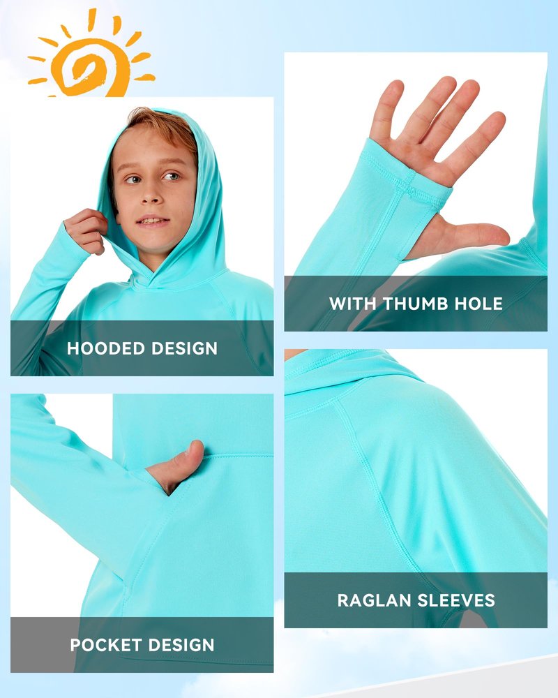 Poekuao Rash Guard for Boys Long Sleeve Hoodie Quick Dry Swim Shirt Youth UPF 50+ Sun Protection Fishing Shirts with Pocket Water Blue M