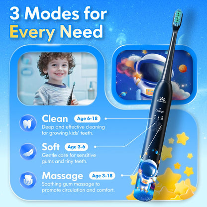 Kids Electric Toothbrush 3-5-6-12 Rechargeable Childrens Electric Toothbrush with Timer 3 Modes Habit-Forming Stickers 31000VPM Power for Boys Junior Kids Sonic Toothbrush (Astronaut Black)