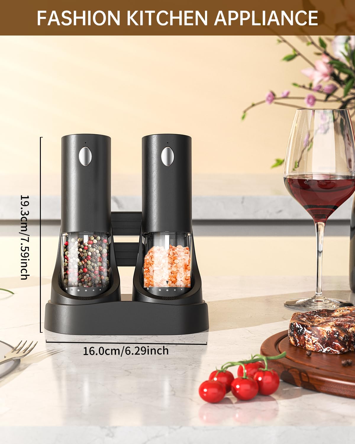 CIRCLE JOY Electric Salt and Pepper Grinder Set Automatic Salt and Pepper Grinder Set with Easy-to-Carry Charging Base and LED Light, USB Rechargeable, Upgrade External Adjustable Coarseness