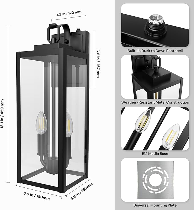 L LOHAS LED 18 Inch Dusk to Dawn Outdoor Wall Lights, 2-Light Black Outdoor Wall Sconce Lantern with Clear Glass Shade, Tall Transitional Exterior Light Fixtures for Porch, Garage, ETL Listed, 2 Pack