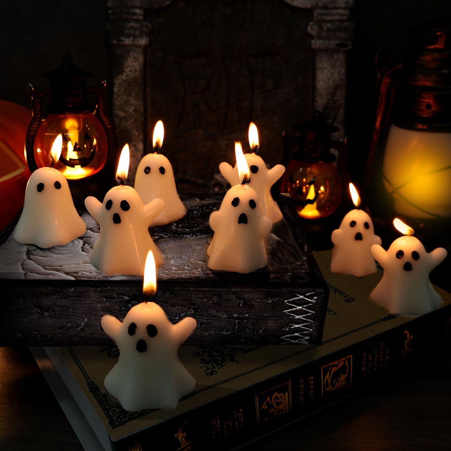 12 PCS Halloween Ghost Candles Spooky Candles White Floating Candles Halloween Decorative Tabletop Candle White Dripless Wax Burning Candle for Holidays Party