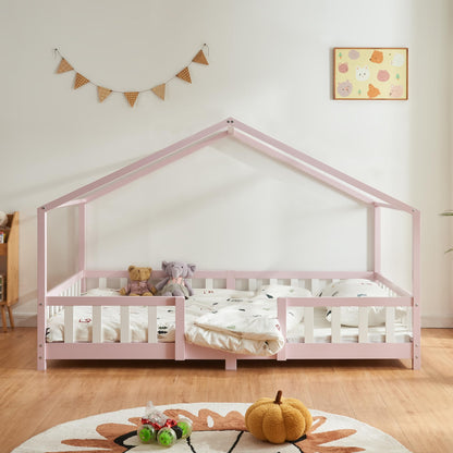 [en.casa] Children's bed Treviolo House bed 140 x 200 cm wooden bed for children with fall-out protection bed frame with slatted frame pine wood pink