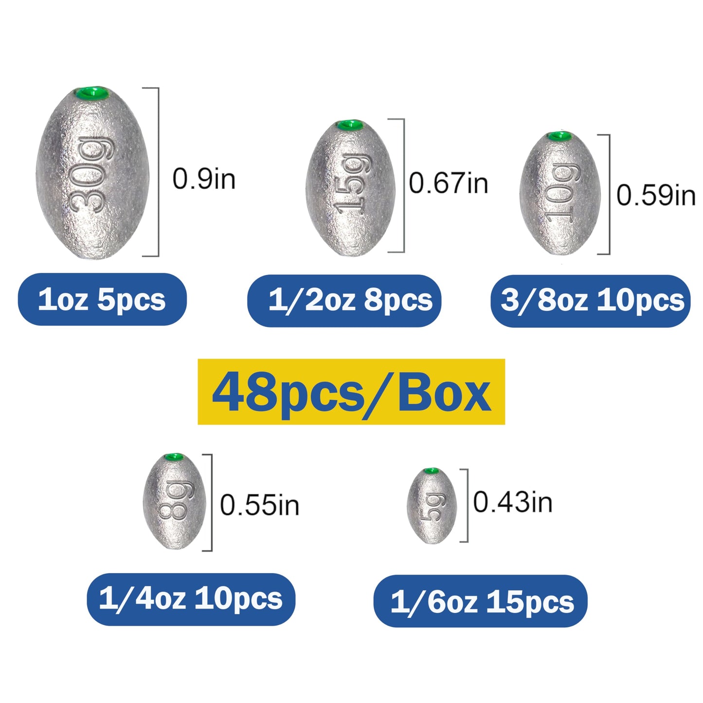 48PCS Egg Weights Egg Fishing Sinkers Lead Weights Catfish Weights Slide Sinkers for Fishing Line Assortment
