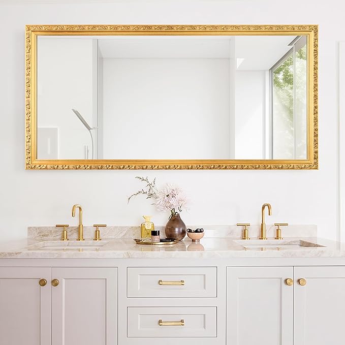 Large Decorative Mirror for Wall Decor, 59''x 29'' Gold Antiuqe Living Room Mirrors with Ornate Carvings Wood Frame, Big Vanity Mirror for Bathroom, Horizontal/Vertical