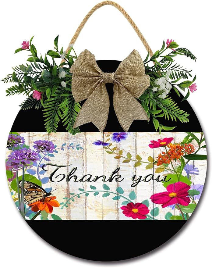 A Garden Thank You Front Door Sign Funny Wreaths Hanging Wooden Plaque Decoration Round Rustic Wood Farmhouse Porch Decor for Home Front Door Decor, 12 x 12 Inch