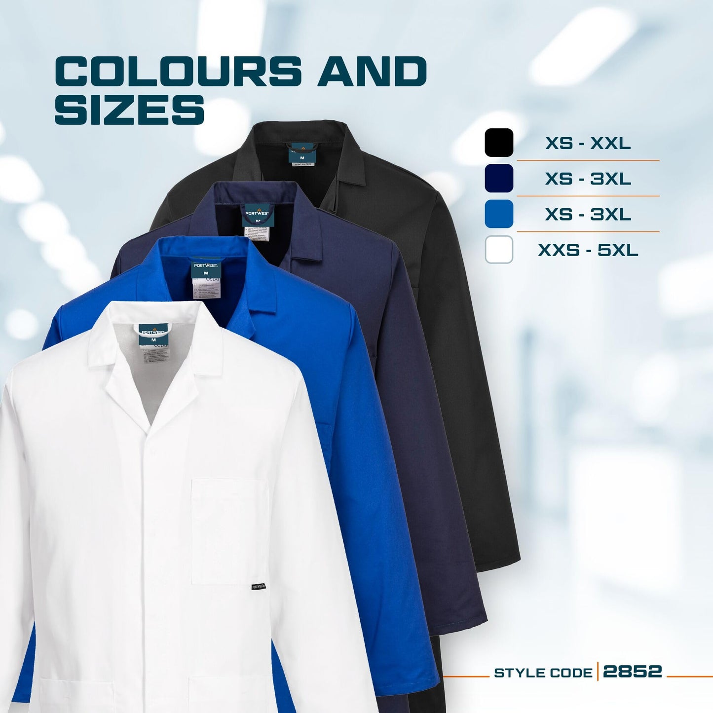 Portwest 2852 Standard Lab Coat Kingsmill Polycotton Professional Protective Workwear Concealed Stud 3 Pocket Storage Durable Comfortable Non-Shrinking, White, S