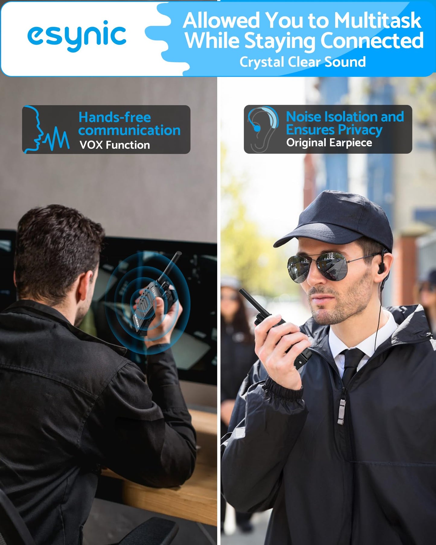 eSynic 4Pack Professional Walkie Talkies for Adults Rechargeable Walkie Talkies 16CH Two Way Radio Hand Free VOX Walkie Talkie With Earpieces& LED Lights Wonderful Gifts For Adults Kids etc